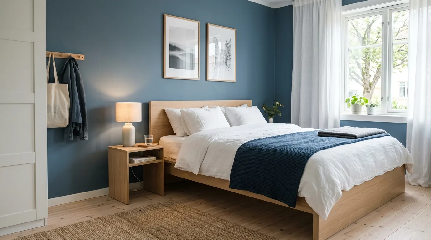 Canopy bed in a dark blue bedroom with soft lighting.