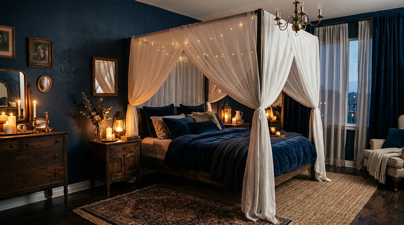 Deep blue bedroom with burnt caramel accents and warm wood furniture.