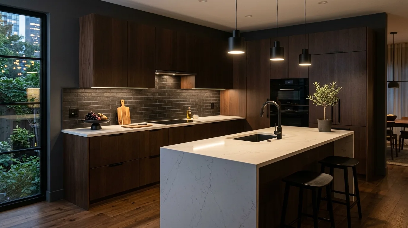 pair the main finish with supportive materials in a kitchen inspired by dramatic dark brown rich.