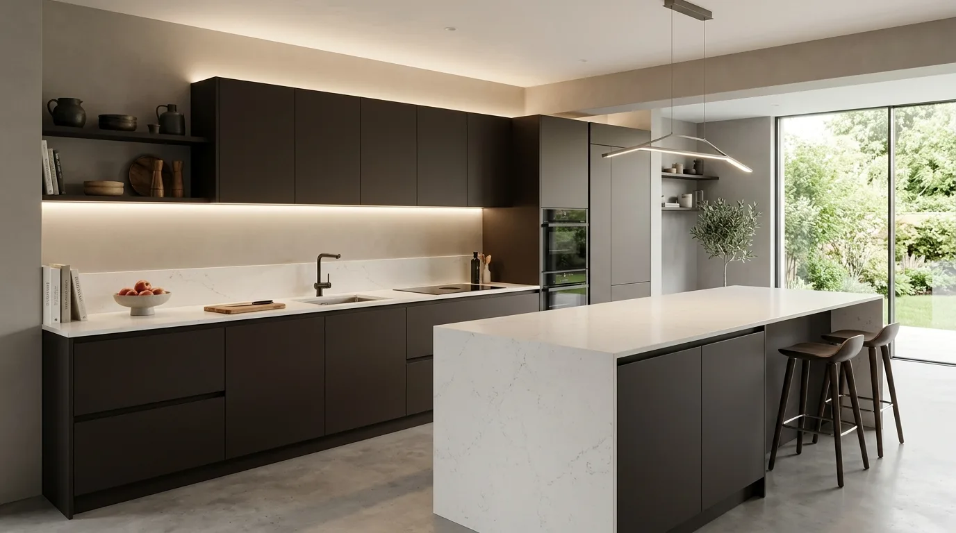 make storage feel natural and useful in a kitchen inspired by dramatic dark brown rich.