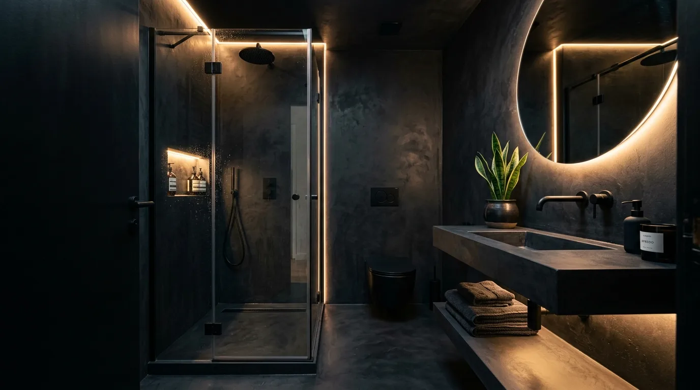 start with the main color or material story in a bathroom inspired by dramatic dark embrace shadows.