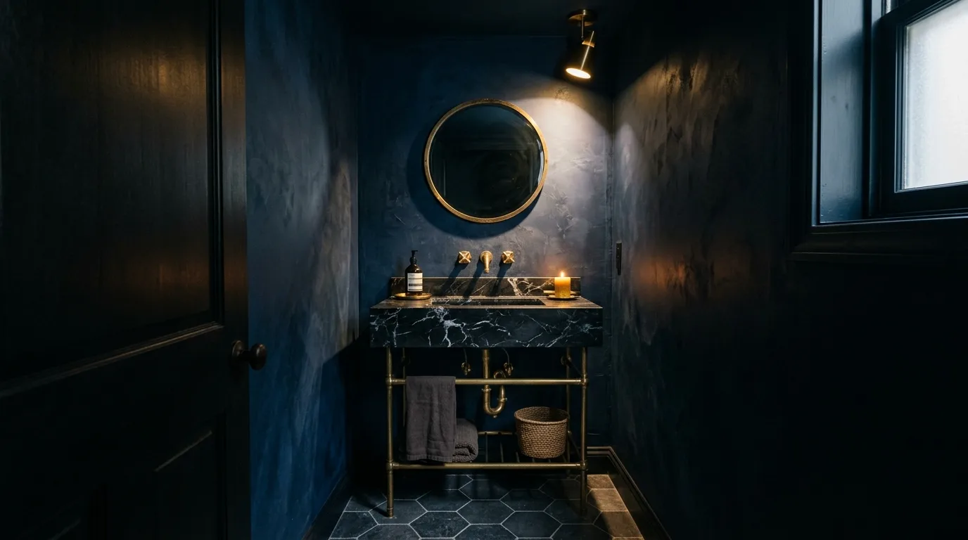 pair it with finishes that support the mood in a bathroom inspired by dramatic dark embrace shadows.