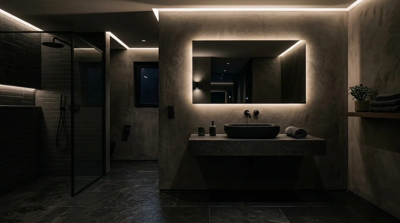 add texture for more depth in a bathroom inspired by dramatic dark embrace shadows.