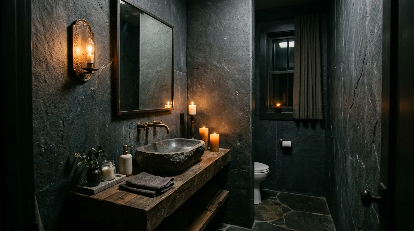 keep fixtures and lines thoughtful in a bathroom inspired by dramatic dark embrace shadows.