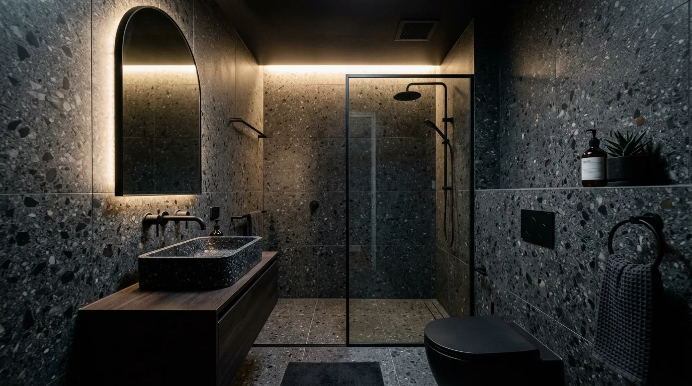 balance boldness with breathing room in a bathroom inspired by dramatic dark embrace shadows.