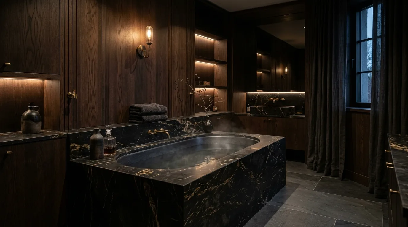 use decor that reinforces the look in a bathroom inspired by dramatic dark embrace shadows.