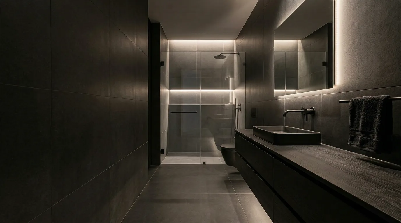let the room feel personal and restful in a bathroom inspired by dramatic dark embrace shadows.