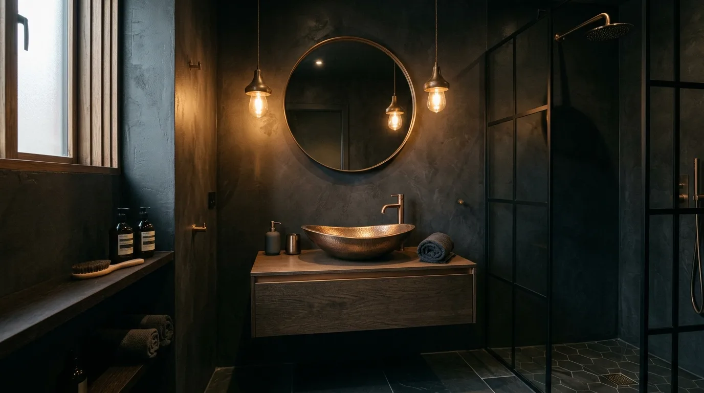 create a bathroom that feels complete in a bathroom inspired by dramatic dark embrace shadows.