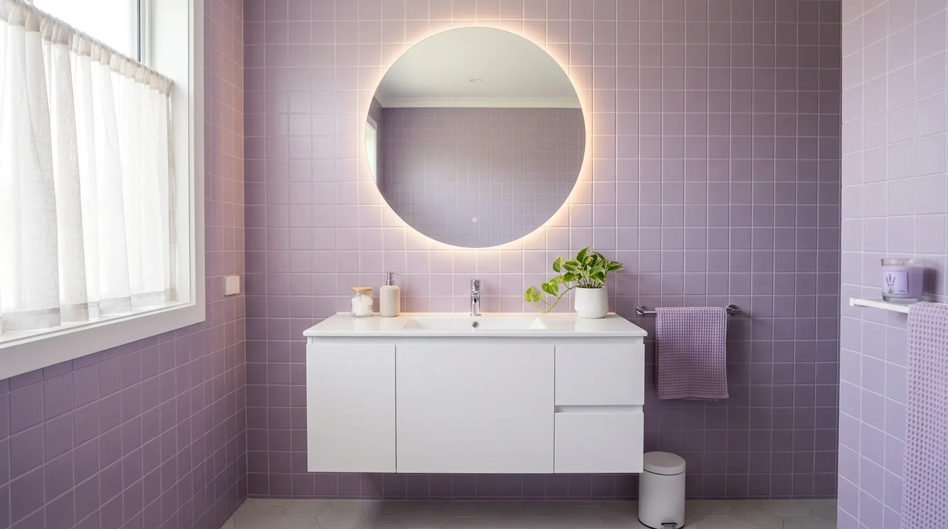 start with the main color or material story in a bathroom inspired by dreamy purple aesthetic soft.