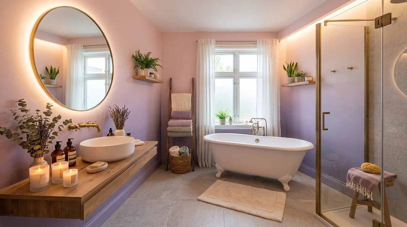 add texture for more depth in a bathroom inspired by dreamy purple aesthetic soft.