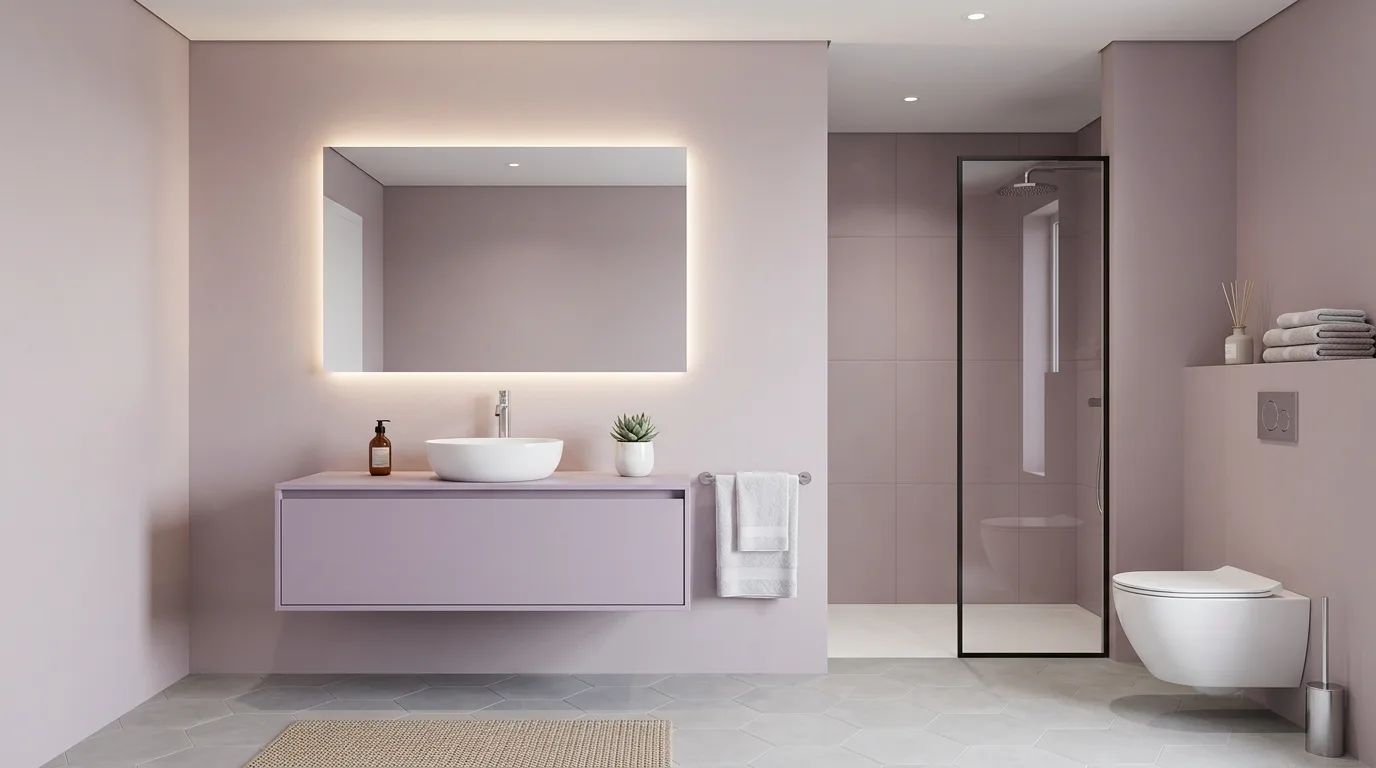 keep fixtures and lines thoughtful in a bathroom inspired by dreamy purple aesthetic soft.