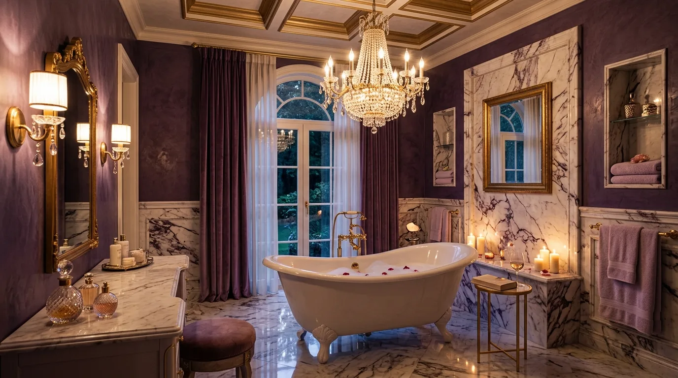 balance boldness with breathing room in a bathroom inspired by dreamy purple aesthetic soft.