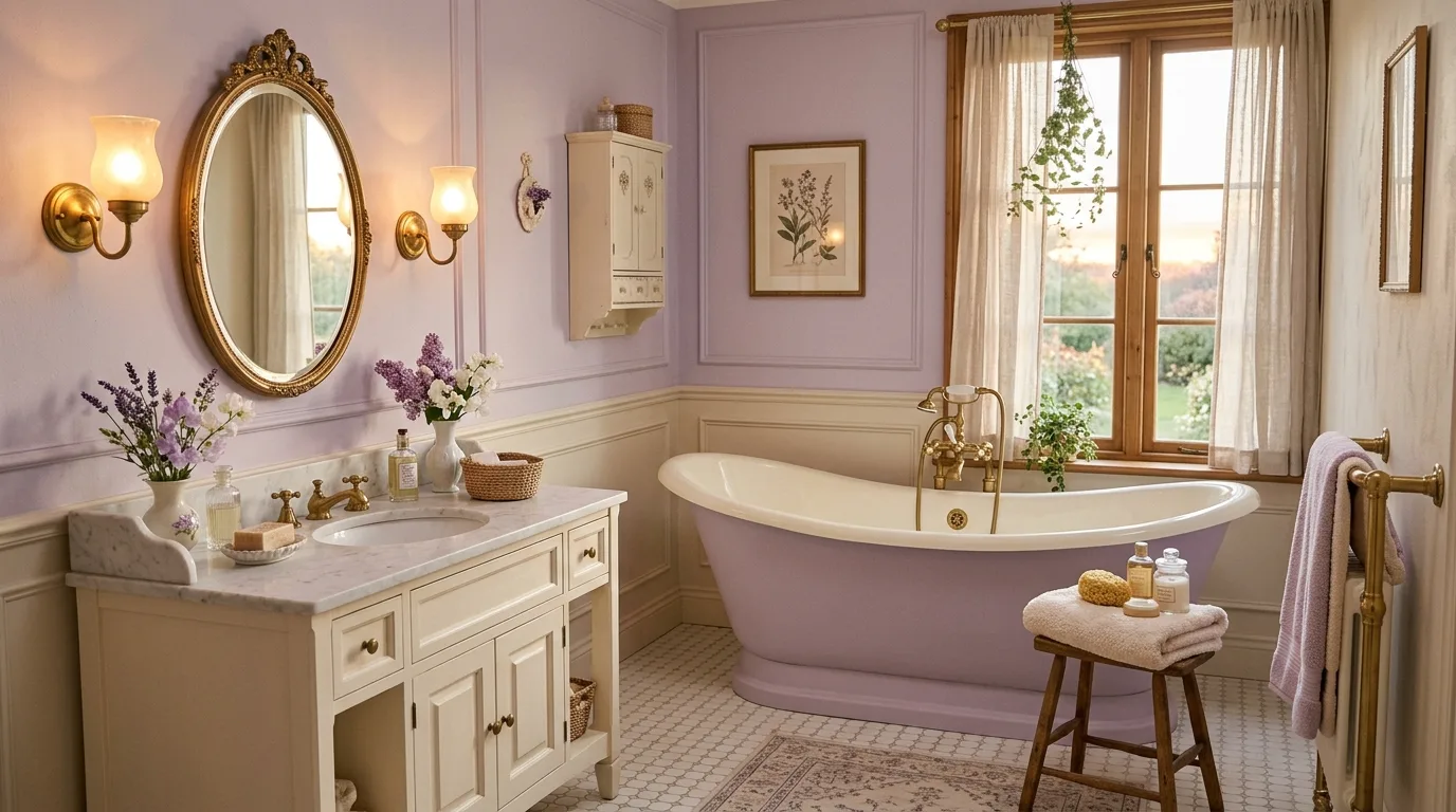 use decor that reinforces the look in a bathroom inspired by dreamy purple aesthetic soft.