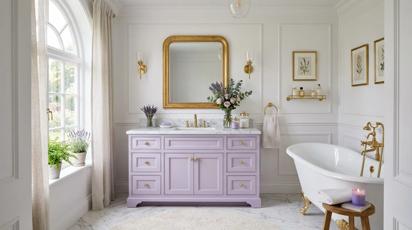 create a bathroom that feels complete in a bathroom inspired by dreamy purple aesthetic soft.