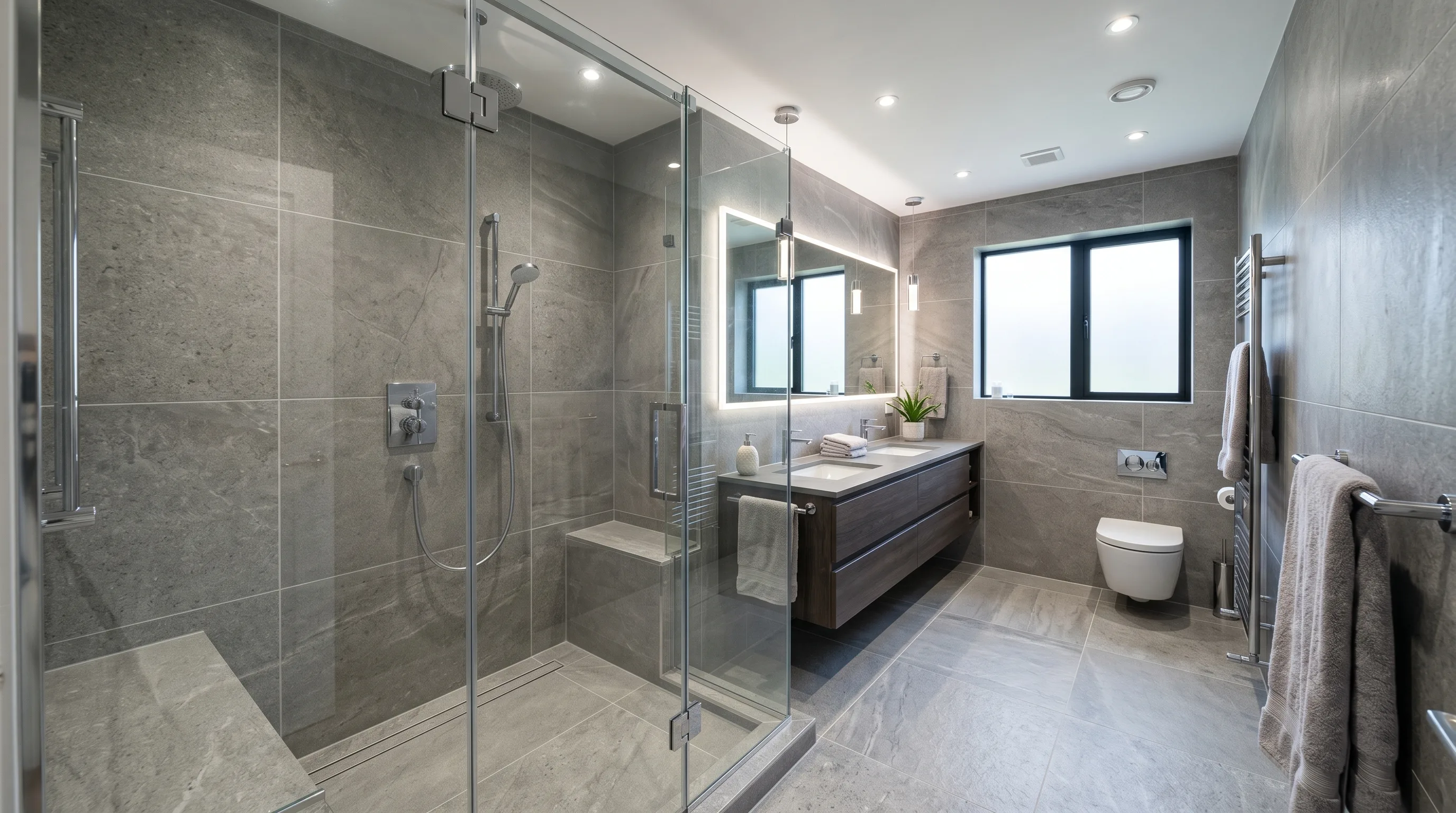 Durable stone tile bathroom with elegant high-moisture design.