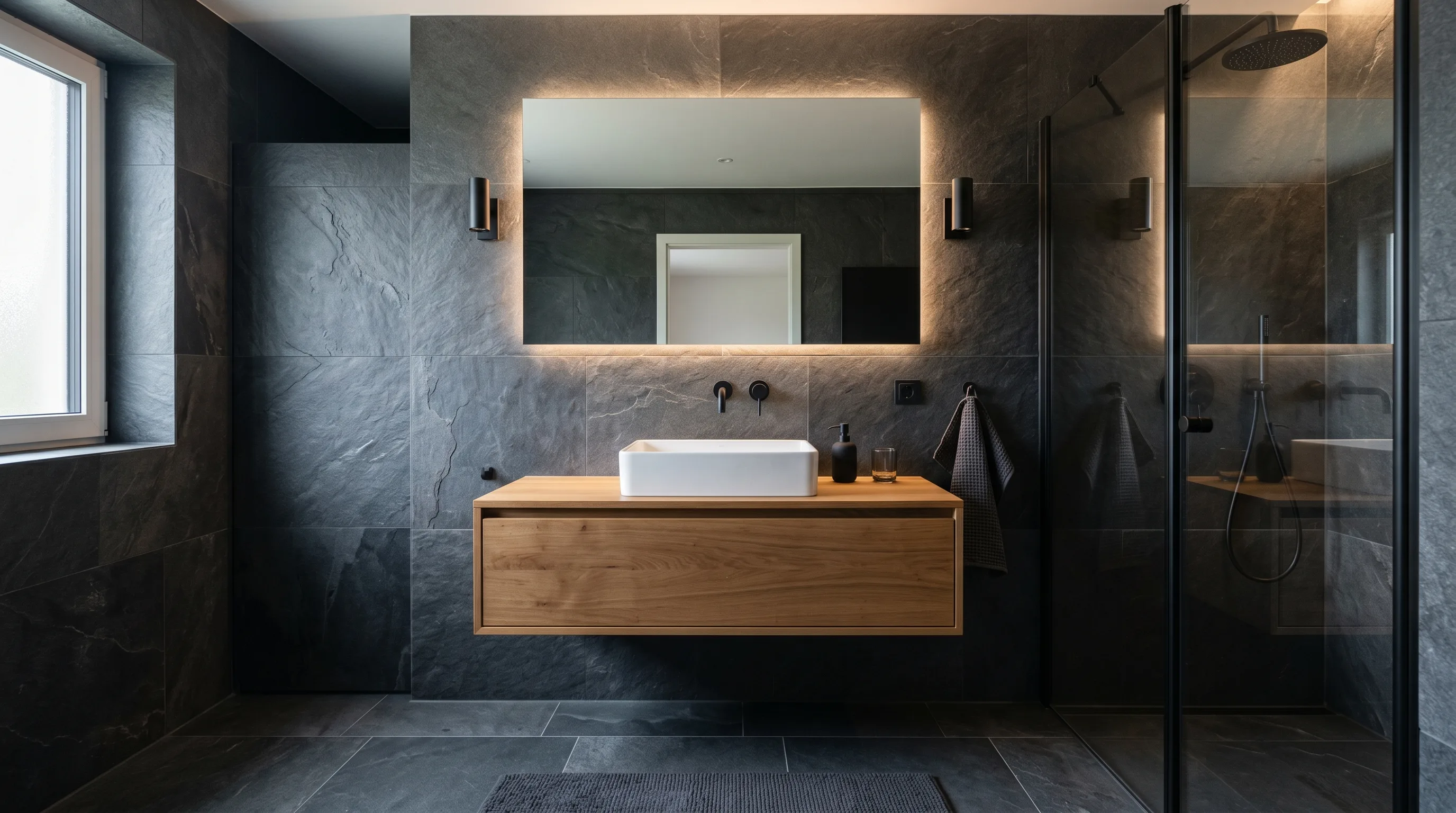 Large-format durable stone tile in an elegant bathroom.