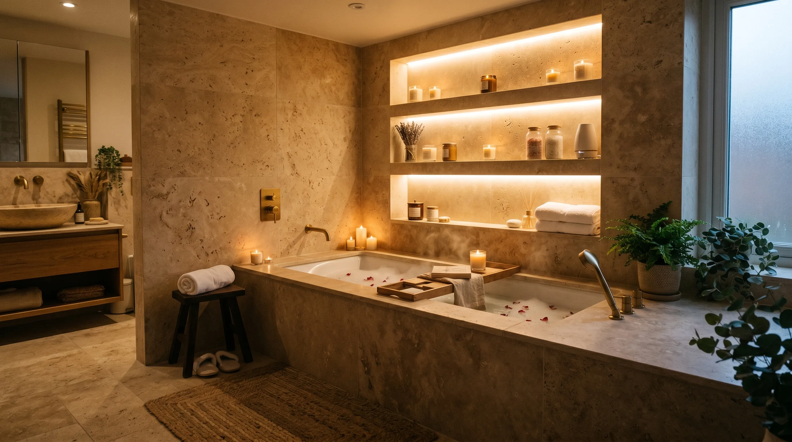 Slip-resistant stone tile flooring in a high-moisture bathroom.