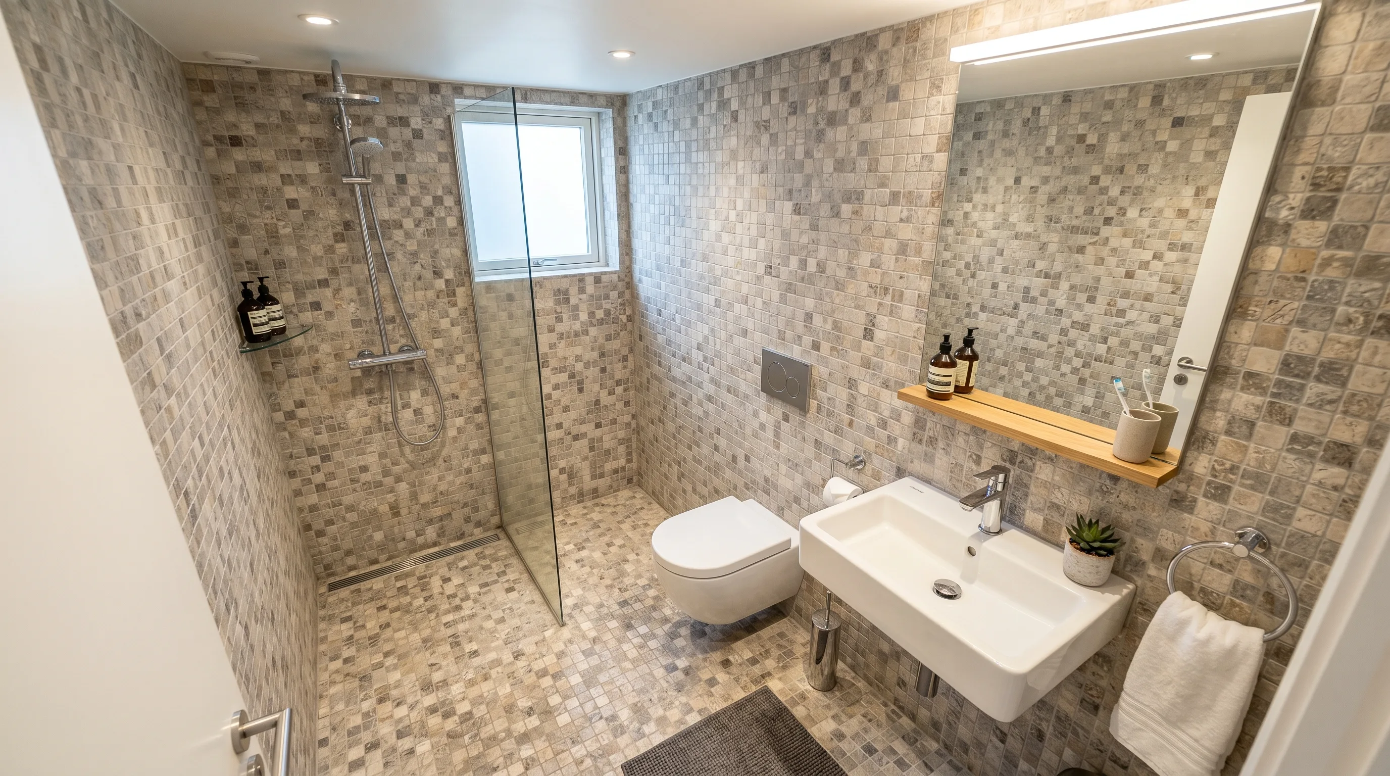 Stone tile carried seamlessly into the bathroom shower area.