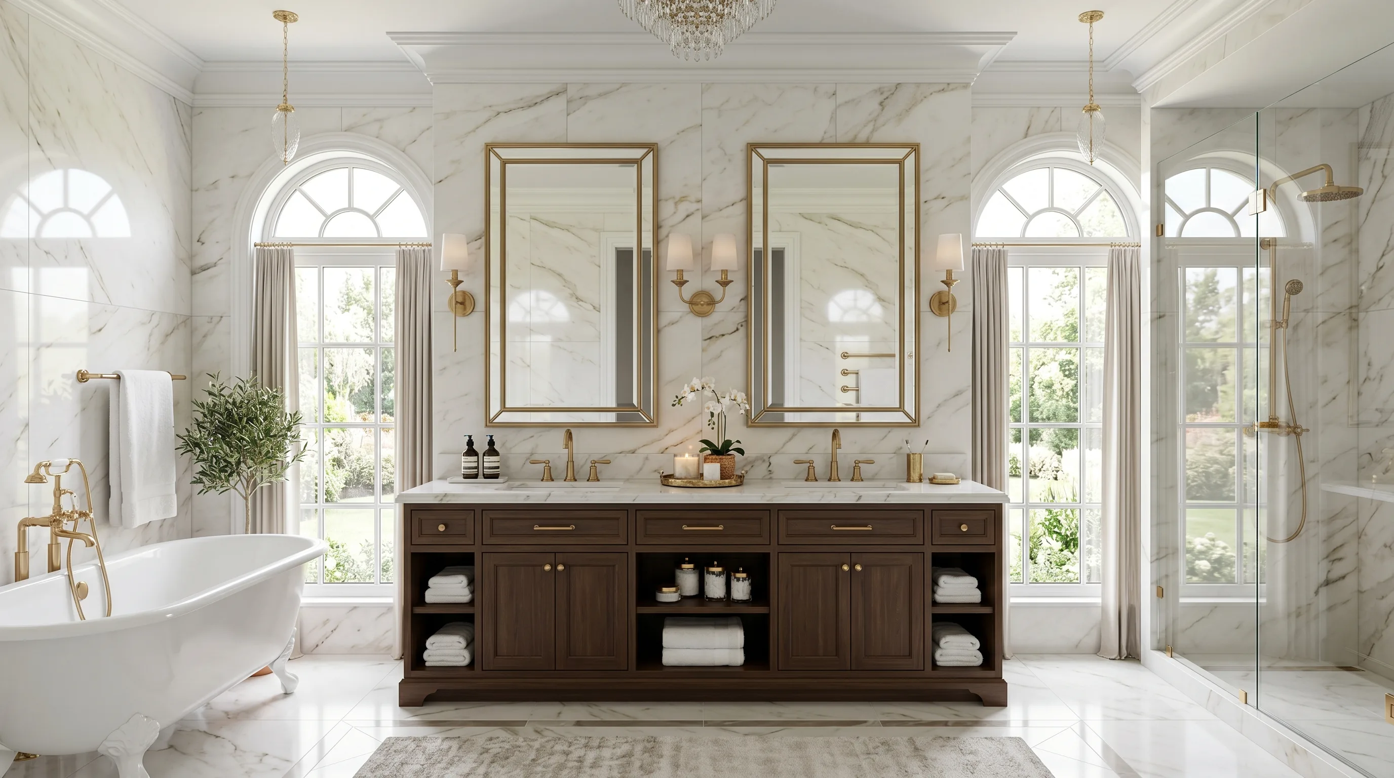 Warm metals paired with elegant durable stone tile.