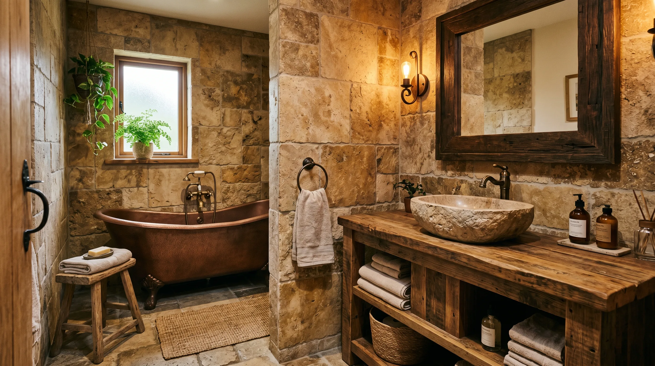 Tonal palette used with durable stone tile bathroom finishes.