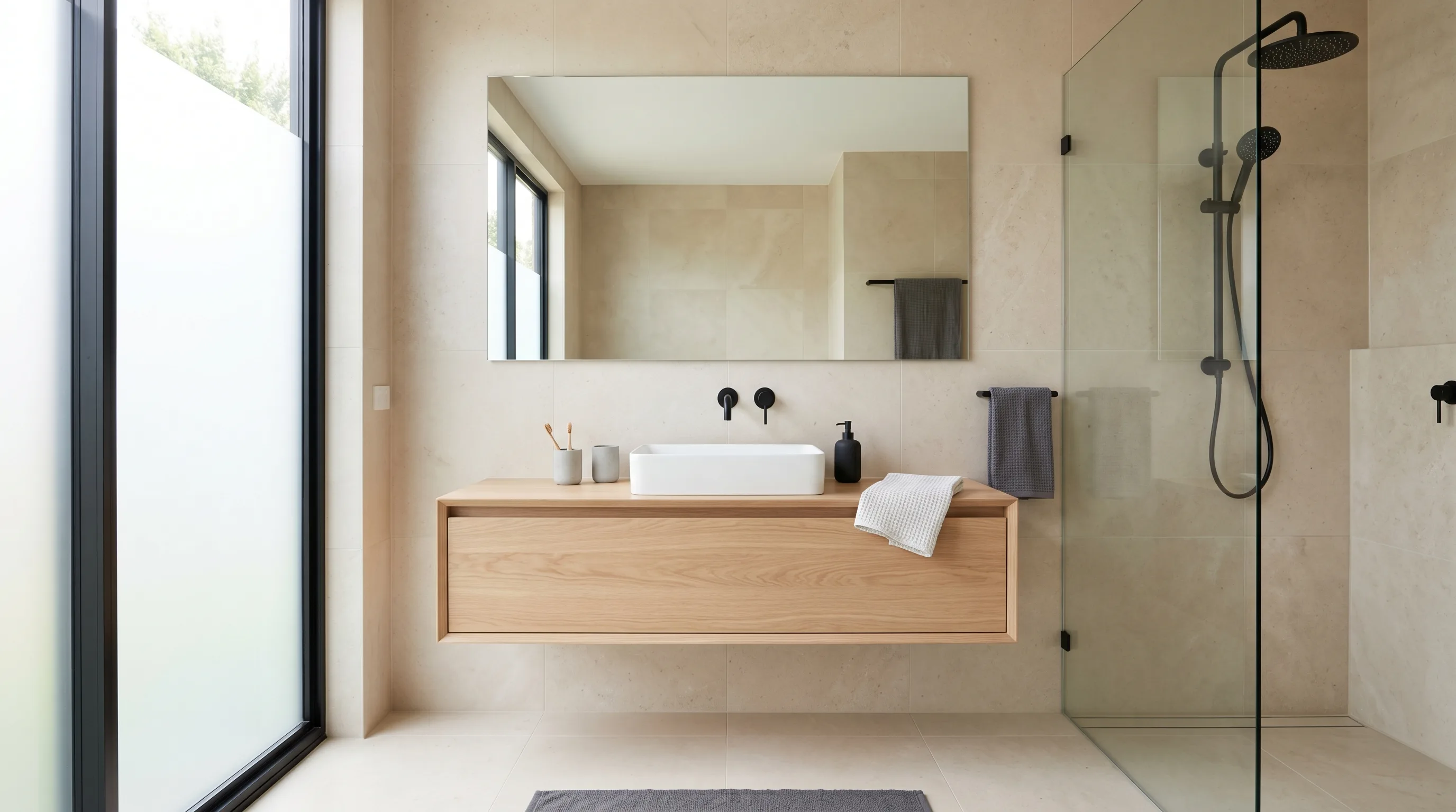 Built-in storage in a durable stone tile bathroom.
