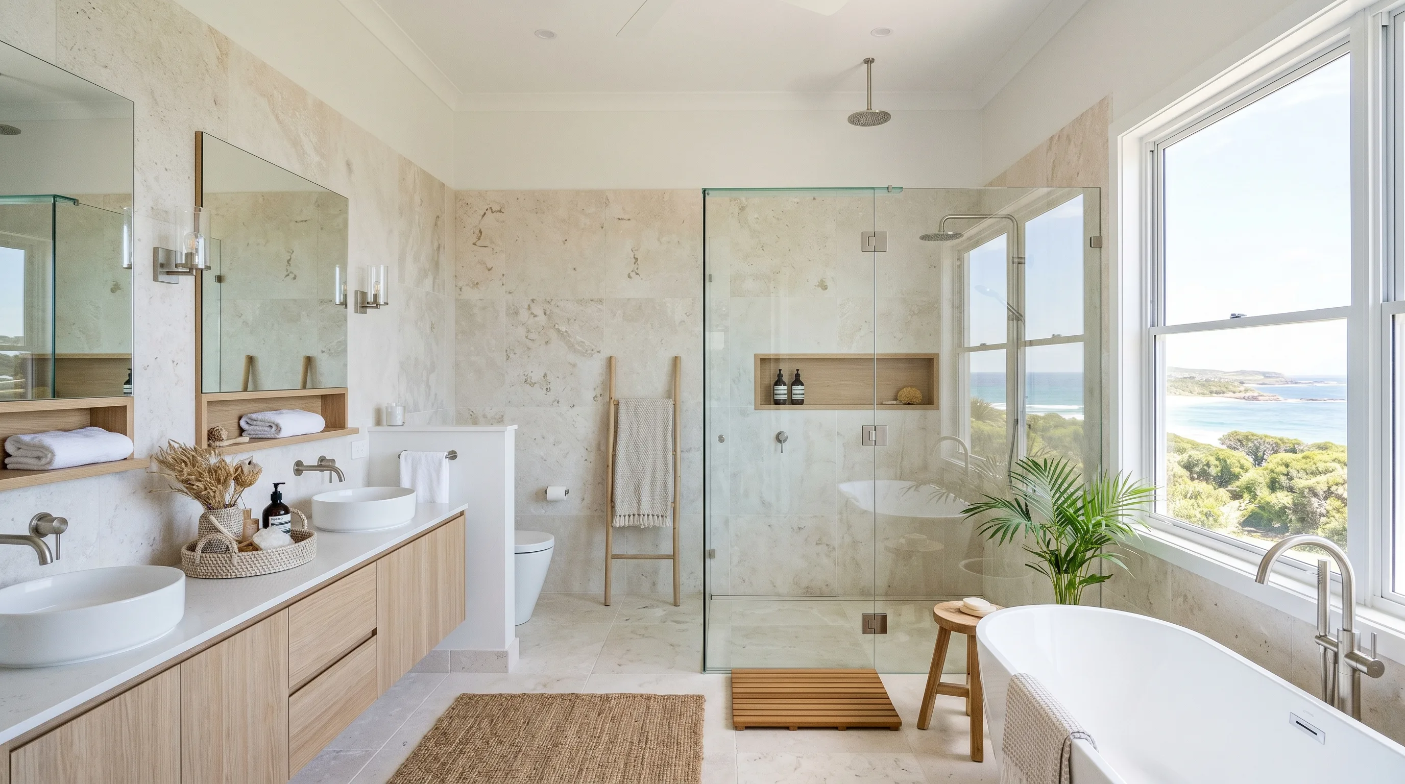 Practical stone tile bathroom that still feels luxurious.