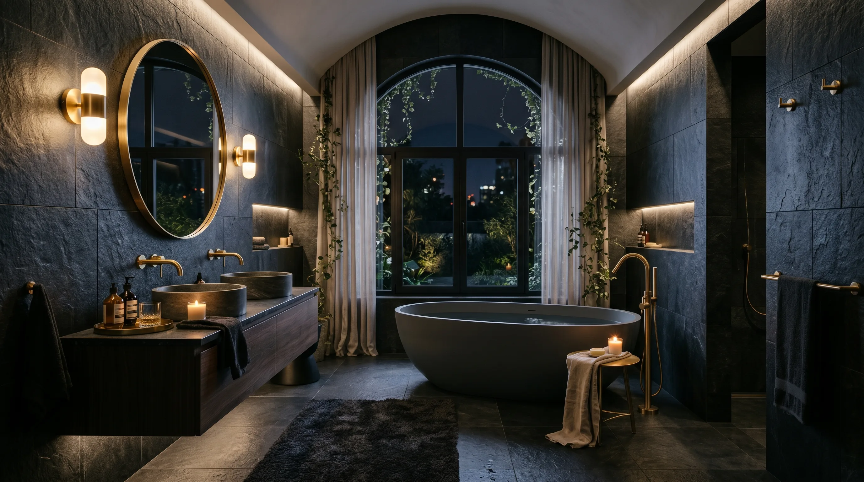 Strong refined bathroom finished in durable stone tile.