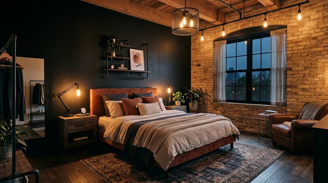 Earthy black and rust bedroom with warm industrial charm and layered texture.