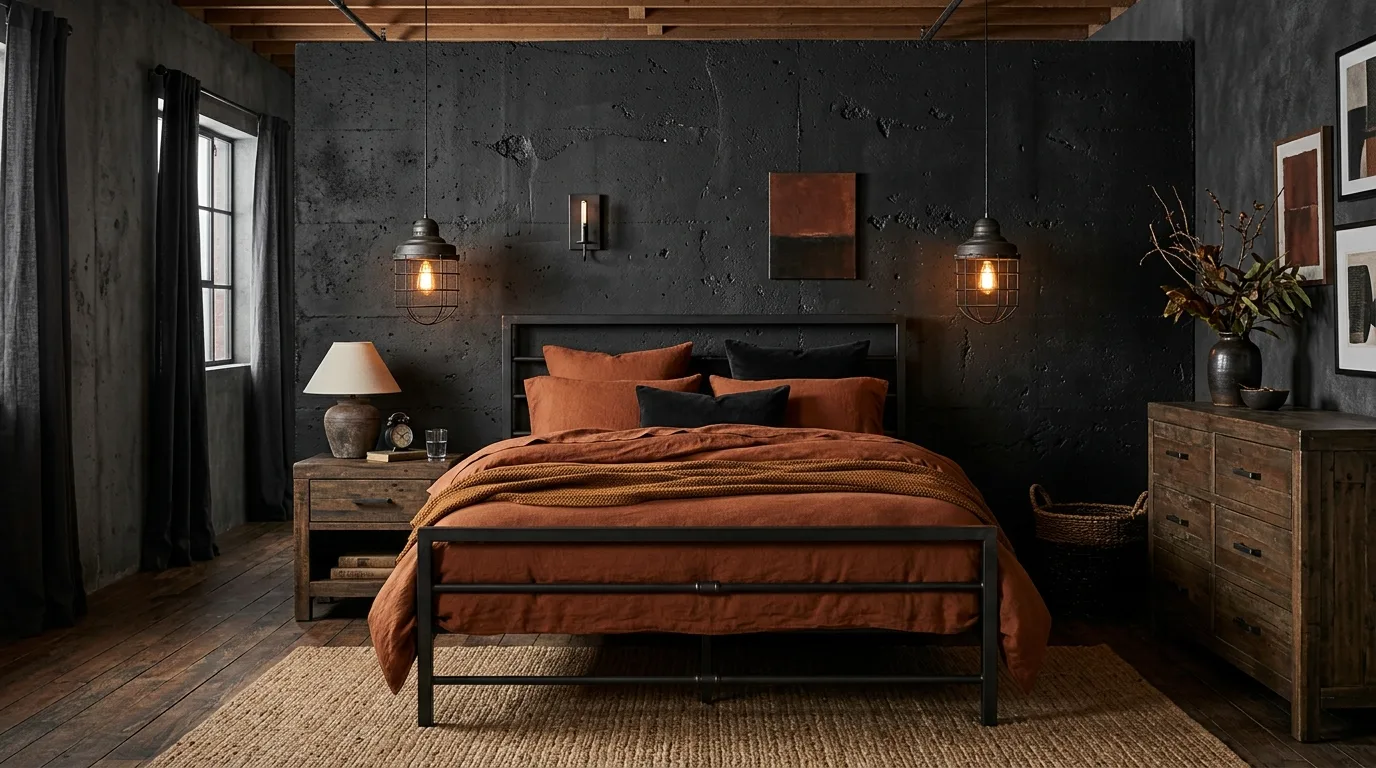 Industrial metal and warm rust contrast in a grounded moody bedroom.
