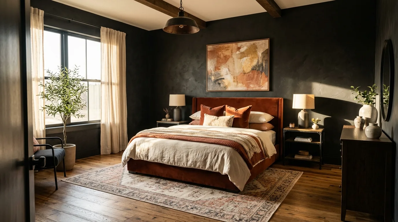 Rust linen against soft black paint in an earthy industrial bedroom.