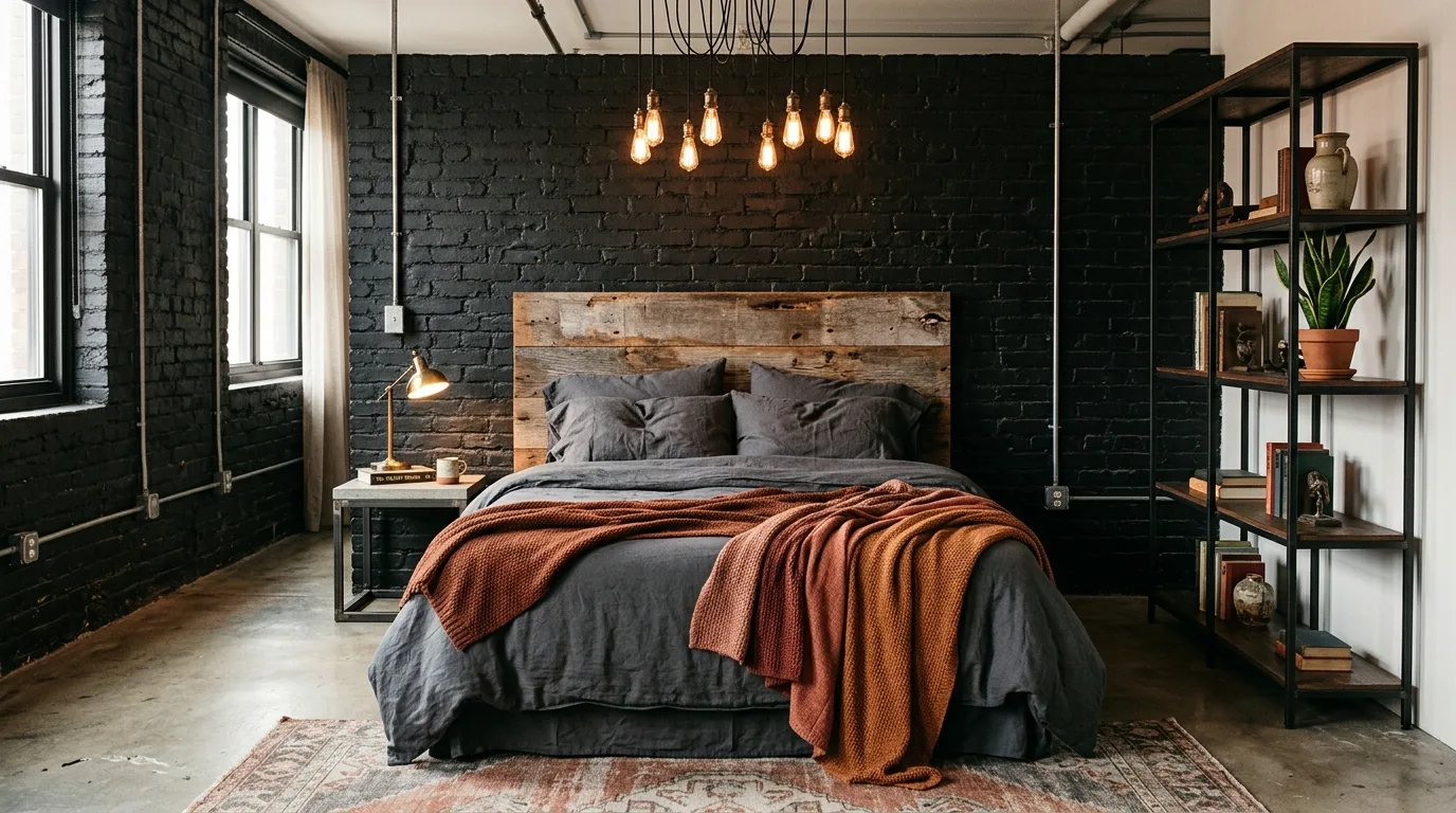 Black bed frame with rust accent pillows in a warm modern-industrial bedroom.