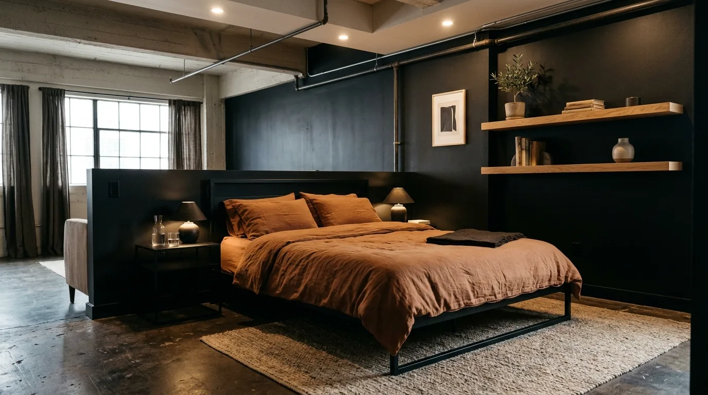 Concrete black and rust combined in a warm industrial bedroom.