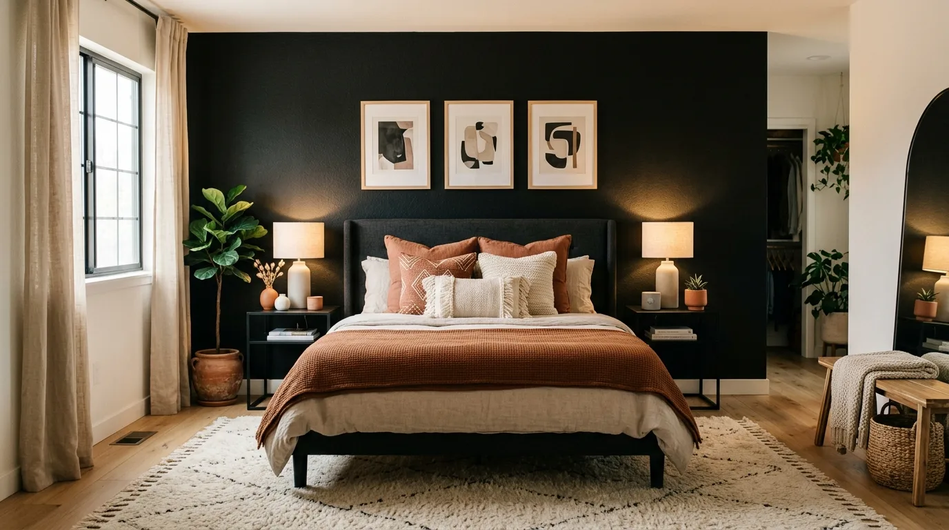Earthy wood notes with black and rust in a warm industrial bedroom.