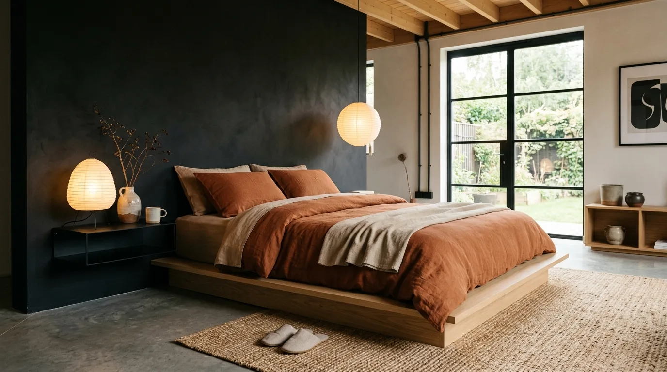 Black walls and rust-toned art creating focus in a moody bedroom.