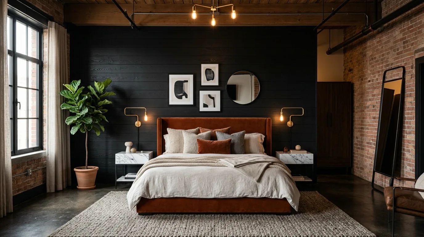 Layered industrial warmth with black and rust in a grounded bedroom.