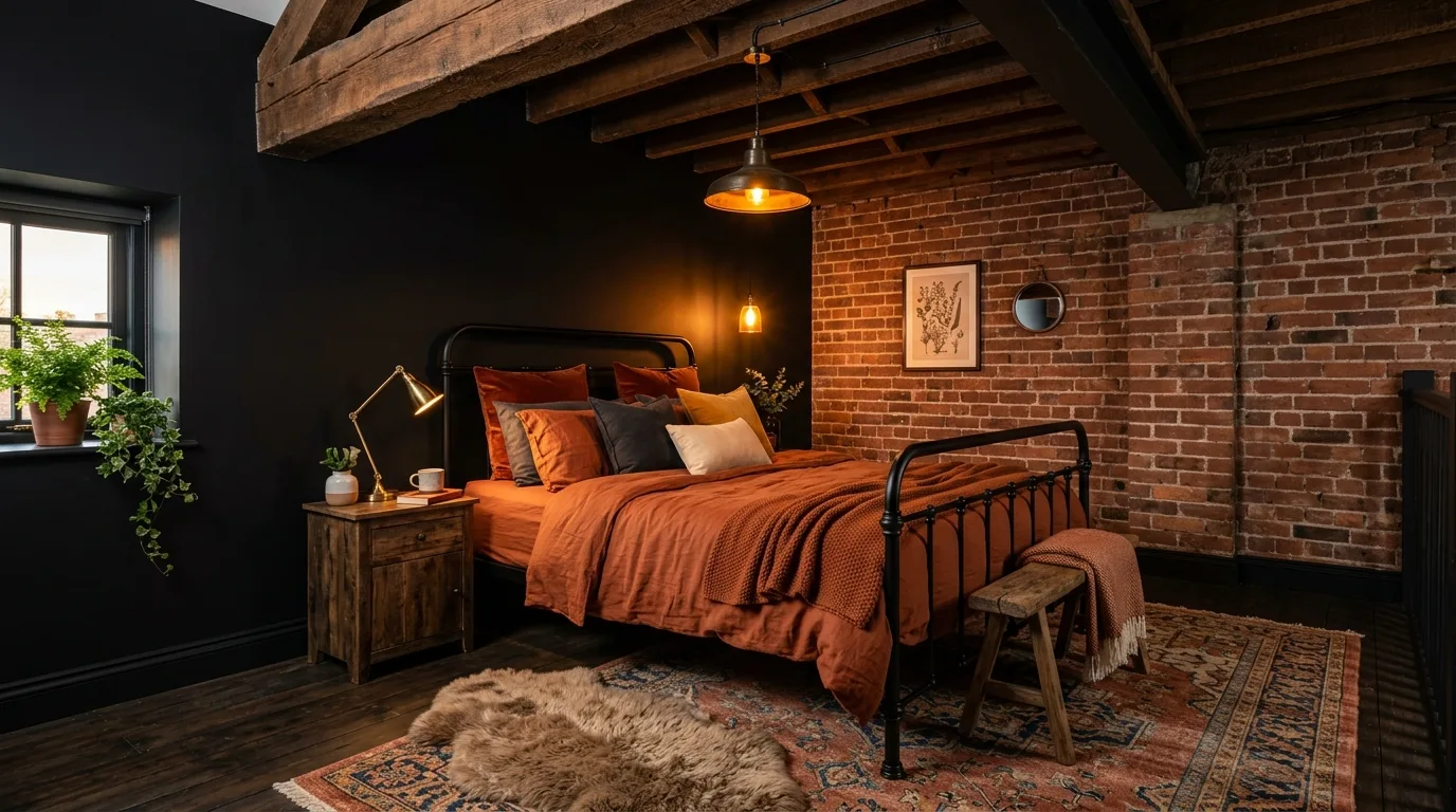 Black and rust bedroom that feels warm earthy and beautifully complete.