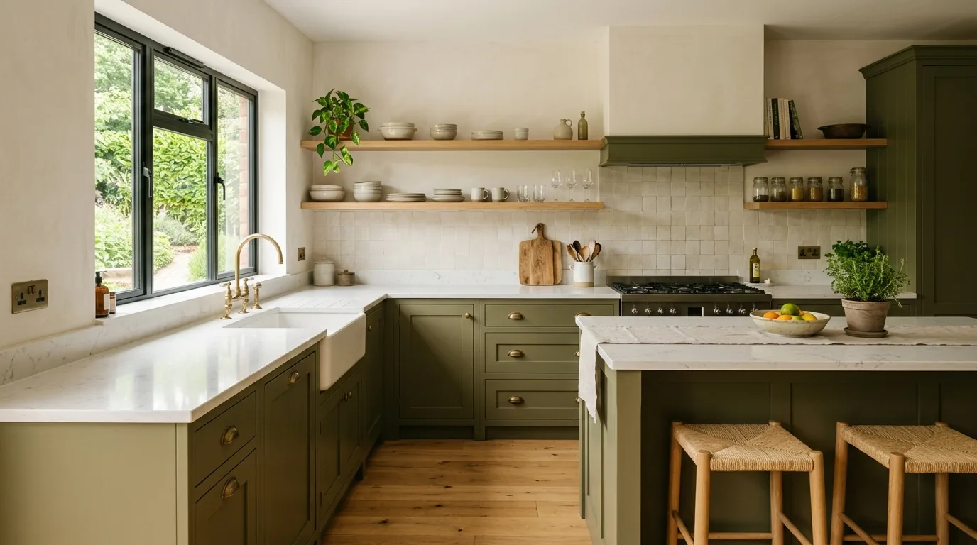 Earthy olive green kitchen cabinets creating a calm kitchen.
