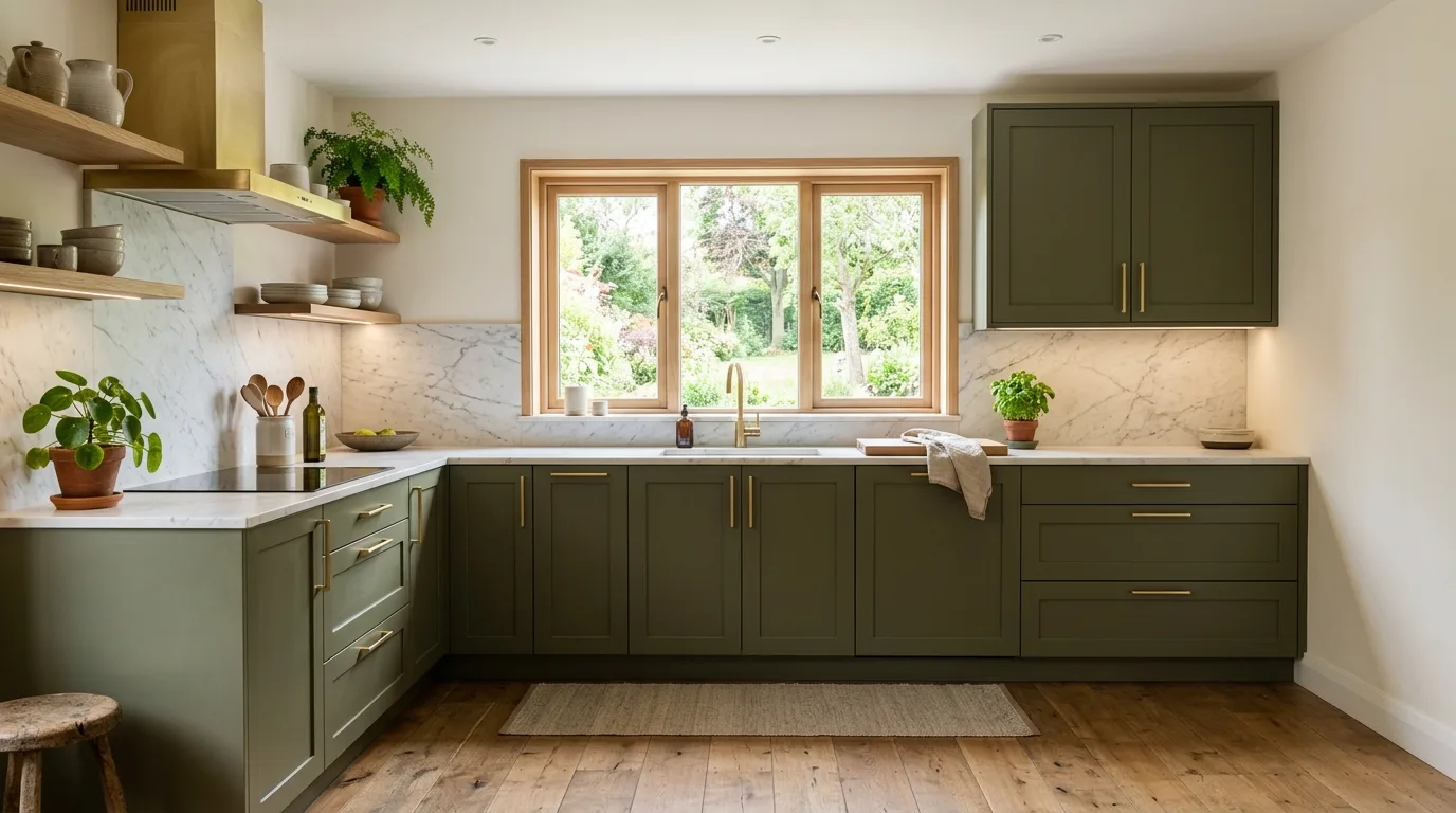 Olive green grounding the atmosphere of a calm kitchen.