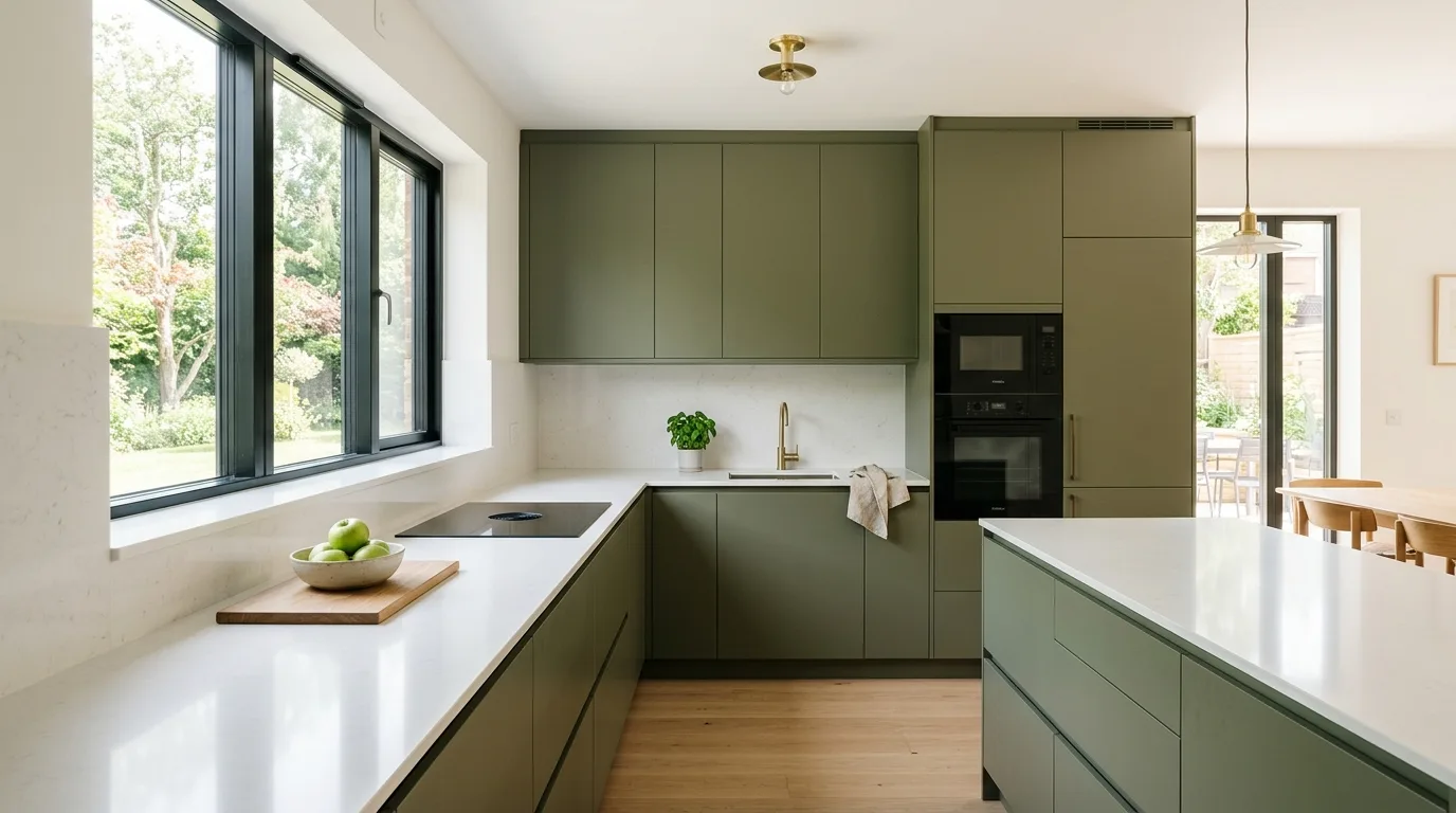 Warm wood paired with earthy olive green kitchen cabinets.