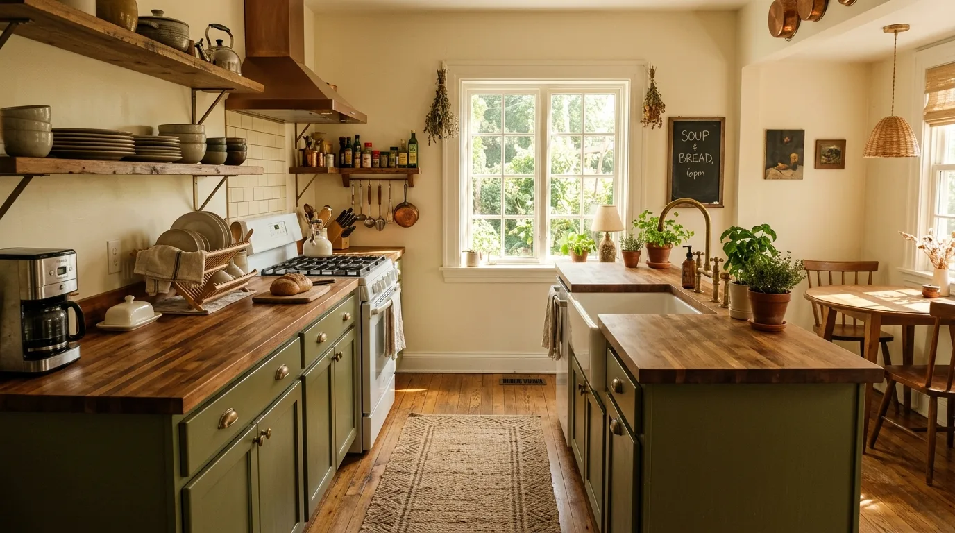 Stone surfaces adding organic texture to an olive green kitchen.