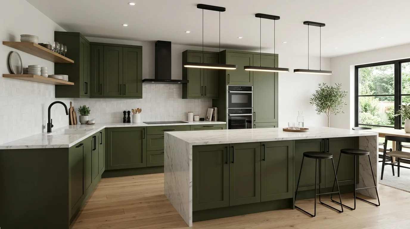 Warm natural-feeling hardware on olive green cabinets.