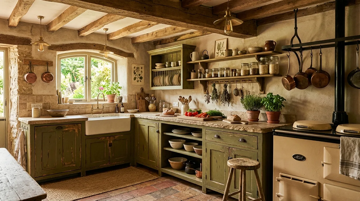 Cream and beige balancing an earthy olive green kitchen.