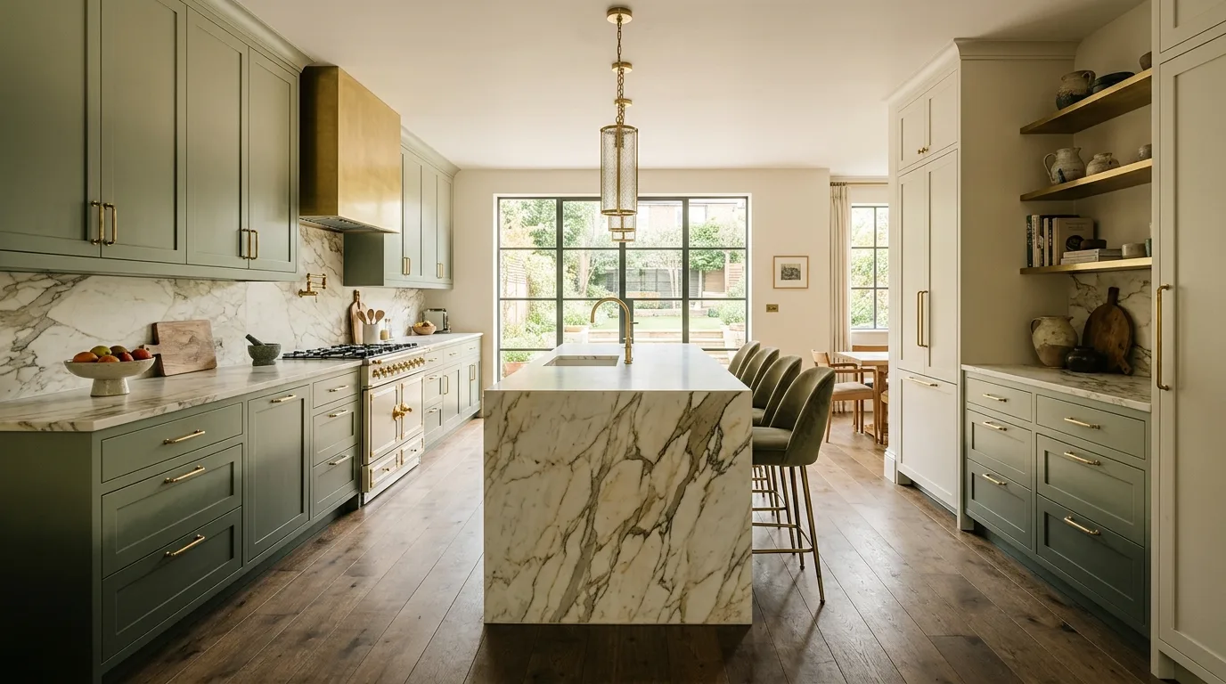 Layered lighting adding depth to olive green kitchen cabinets.