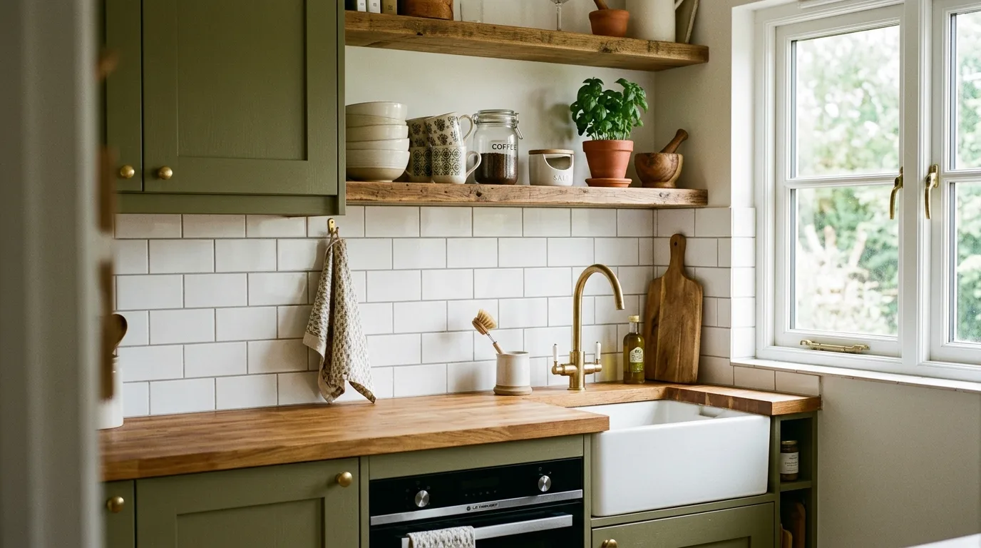 Relaxed natural styling in an earthy olive green kitchen.