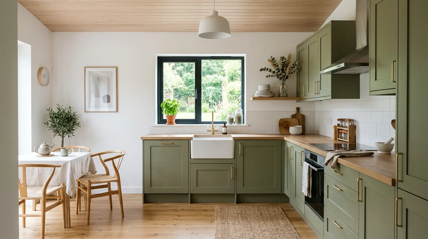 Quiet grounded kitchen with organic olive green cabinets.