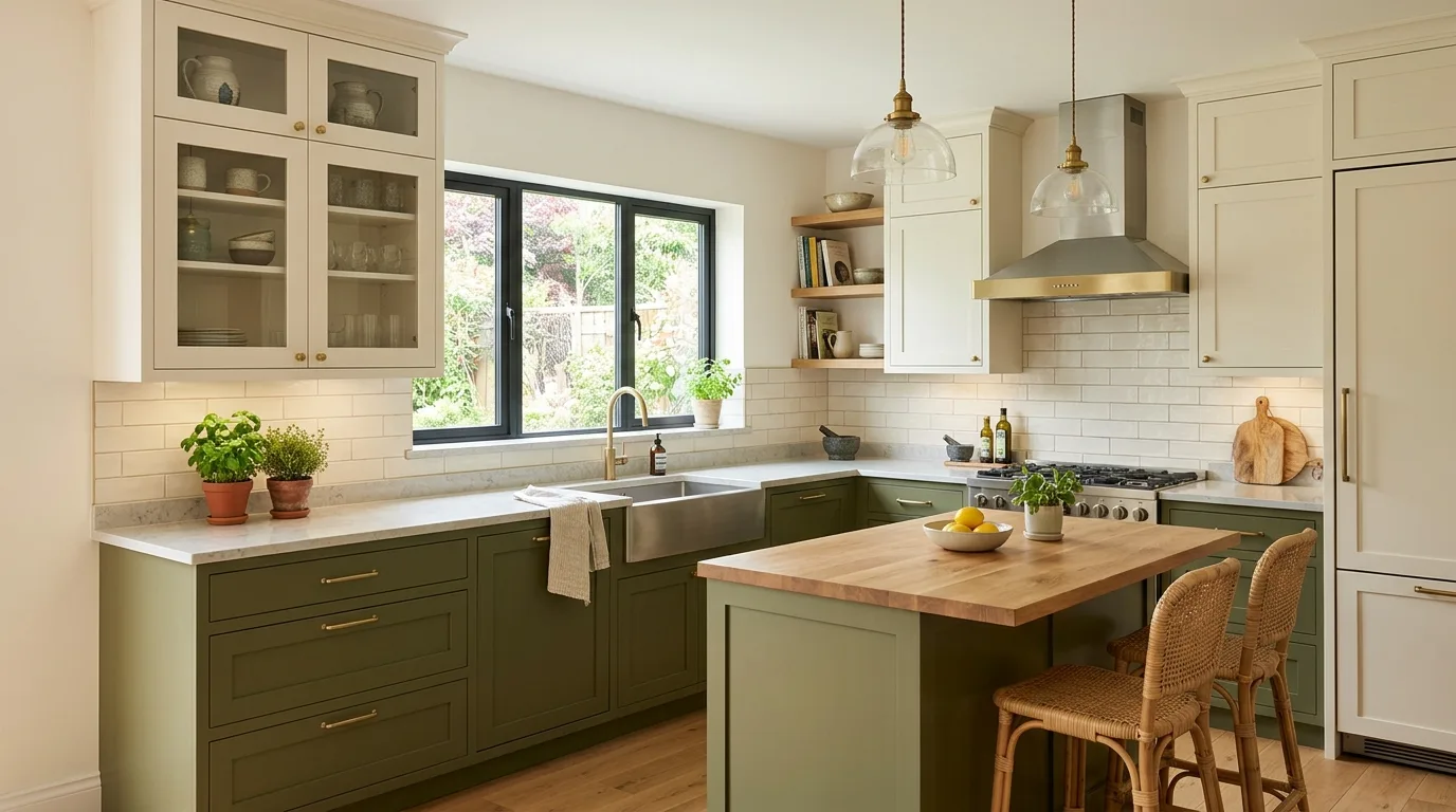 Organic calm kitchen with earthy olive green cabinetry.