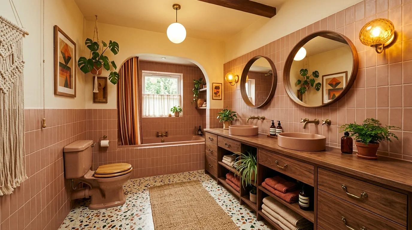 Earthy Pink and Brown Bathroom Ideas for a Warm 70s Vibe in a thoughtfully styled bathroom.