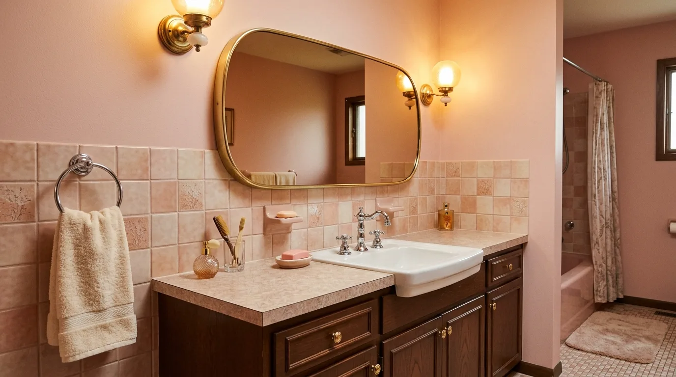 start with the main color or material story in a bathroom inspired by earthy pink brown warm.