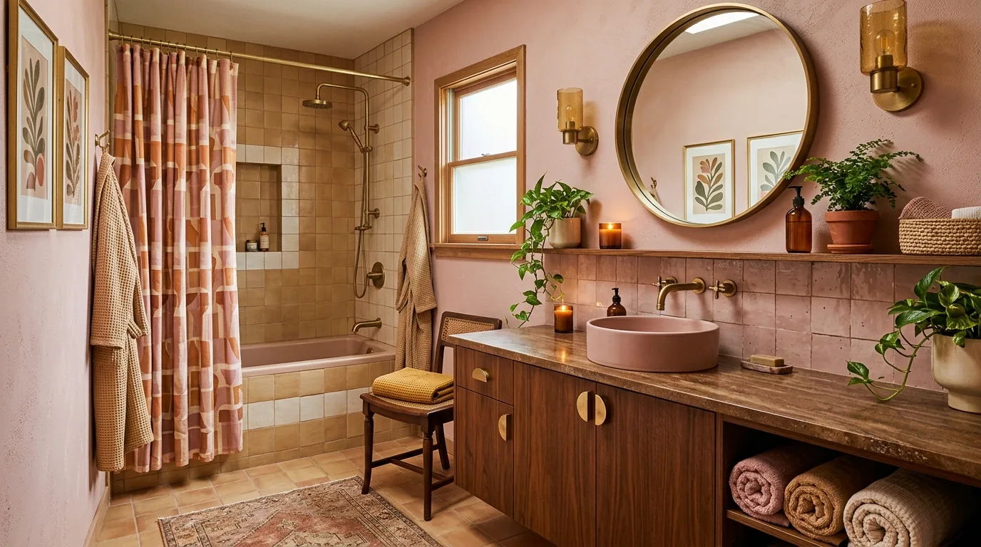 pair it with finishes that support the mood in a bathroom inspired by earthy pink brown warm.