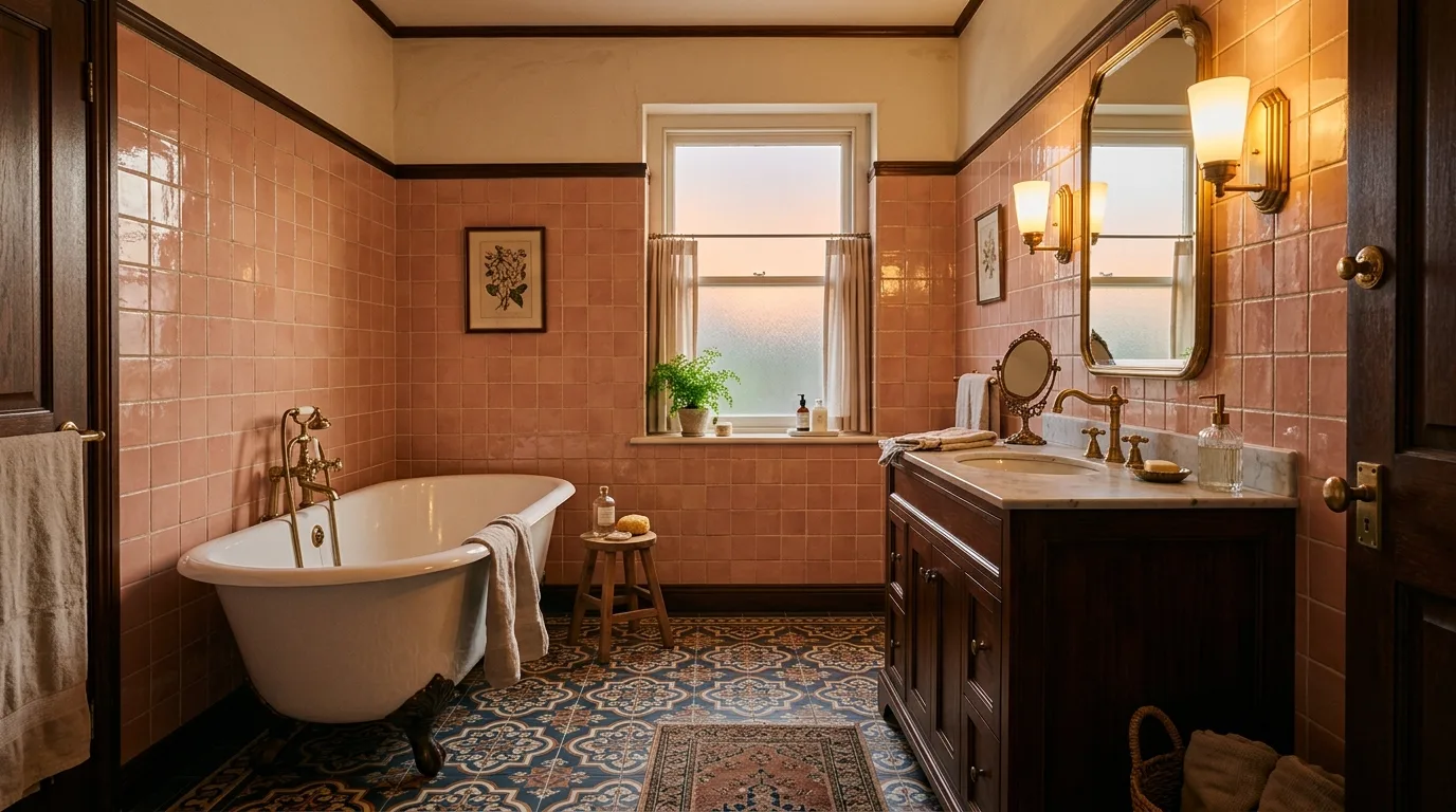 use lighting to bring the space to life in a bathroom inspired by earthy pink brown warm.